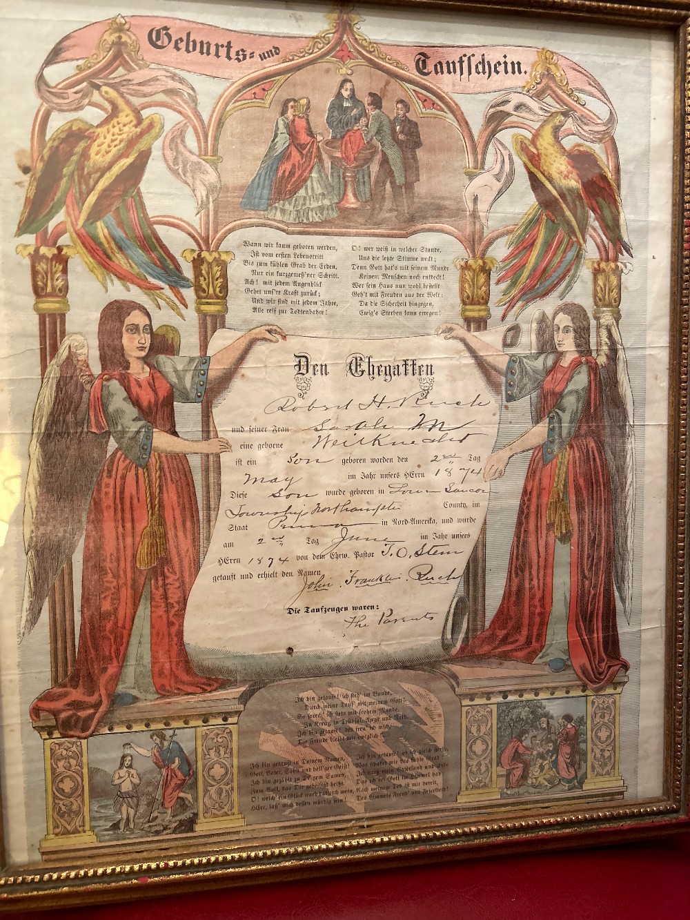 1874 Pennsyl/German Taufschein FRAKTUR Ruch Family