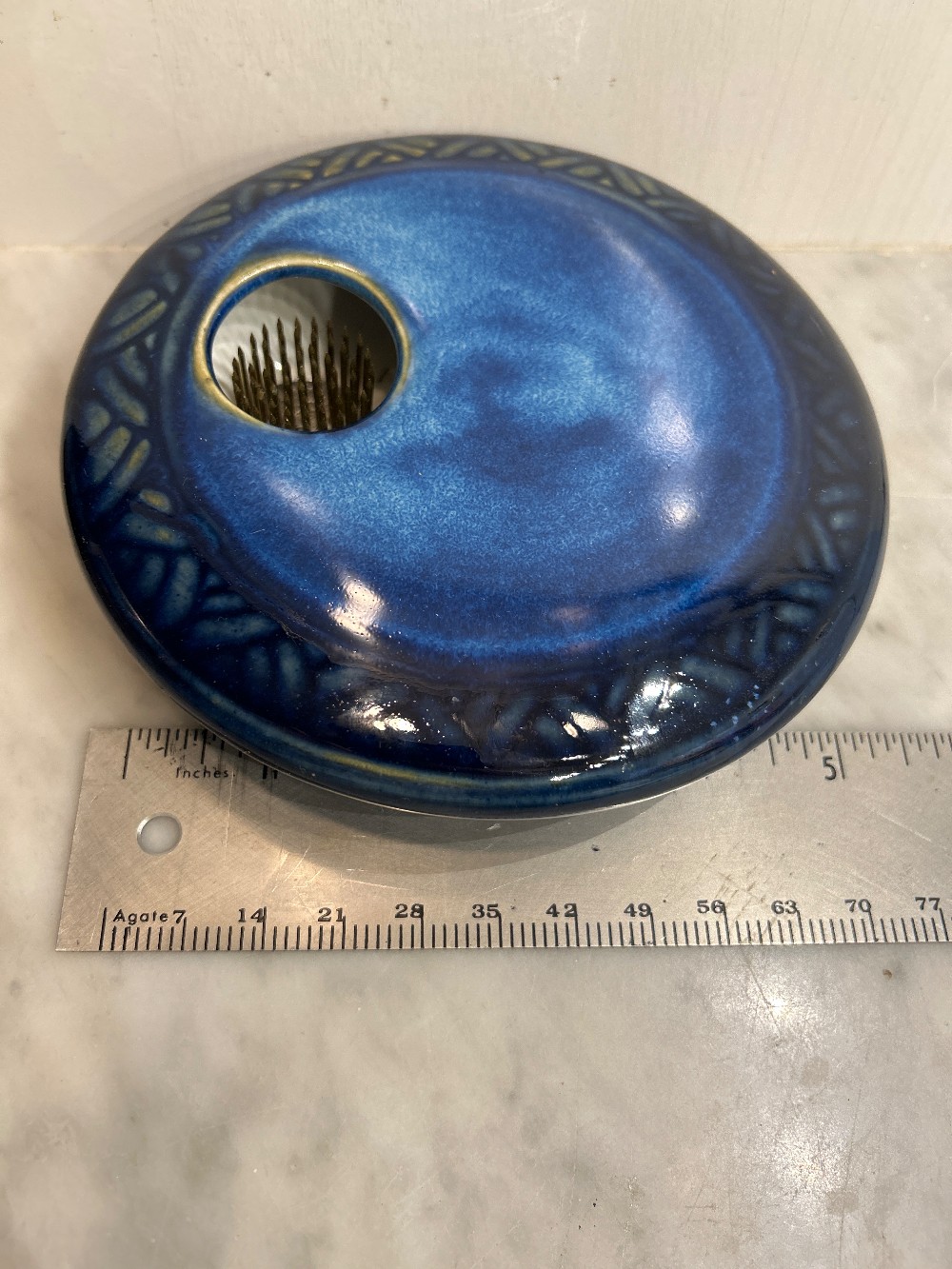 Georgetown Pottery Ikebana Vase Metal Pin Flower Frog Blue