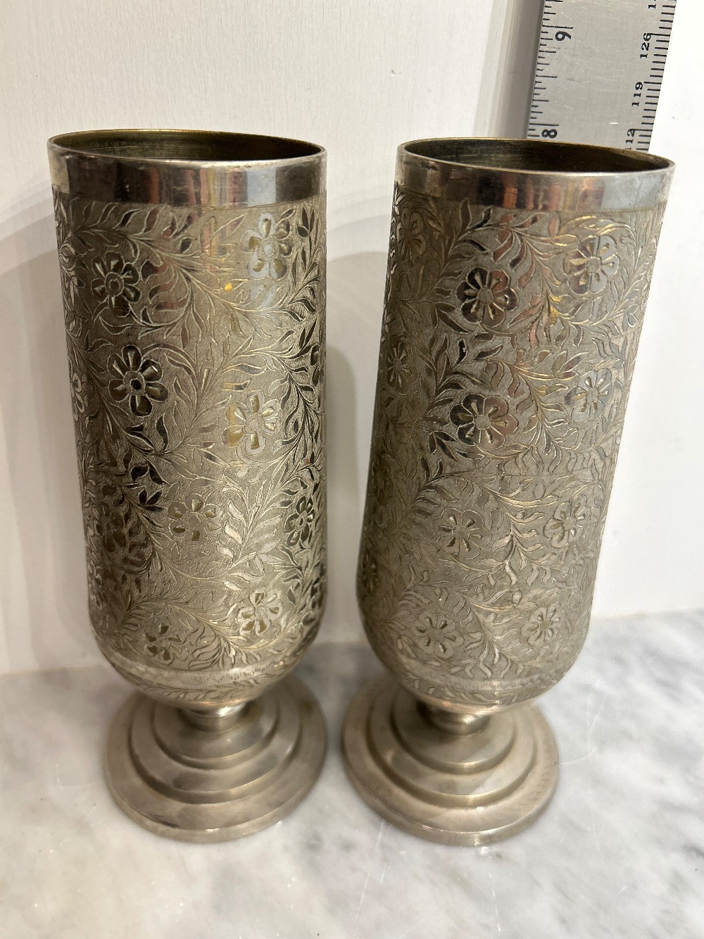 *Pair (2) 8” Footed Etched Brass Vases