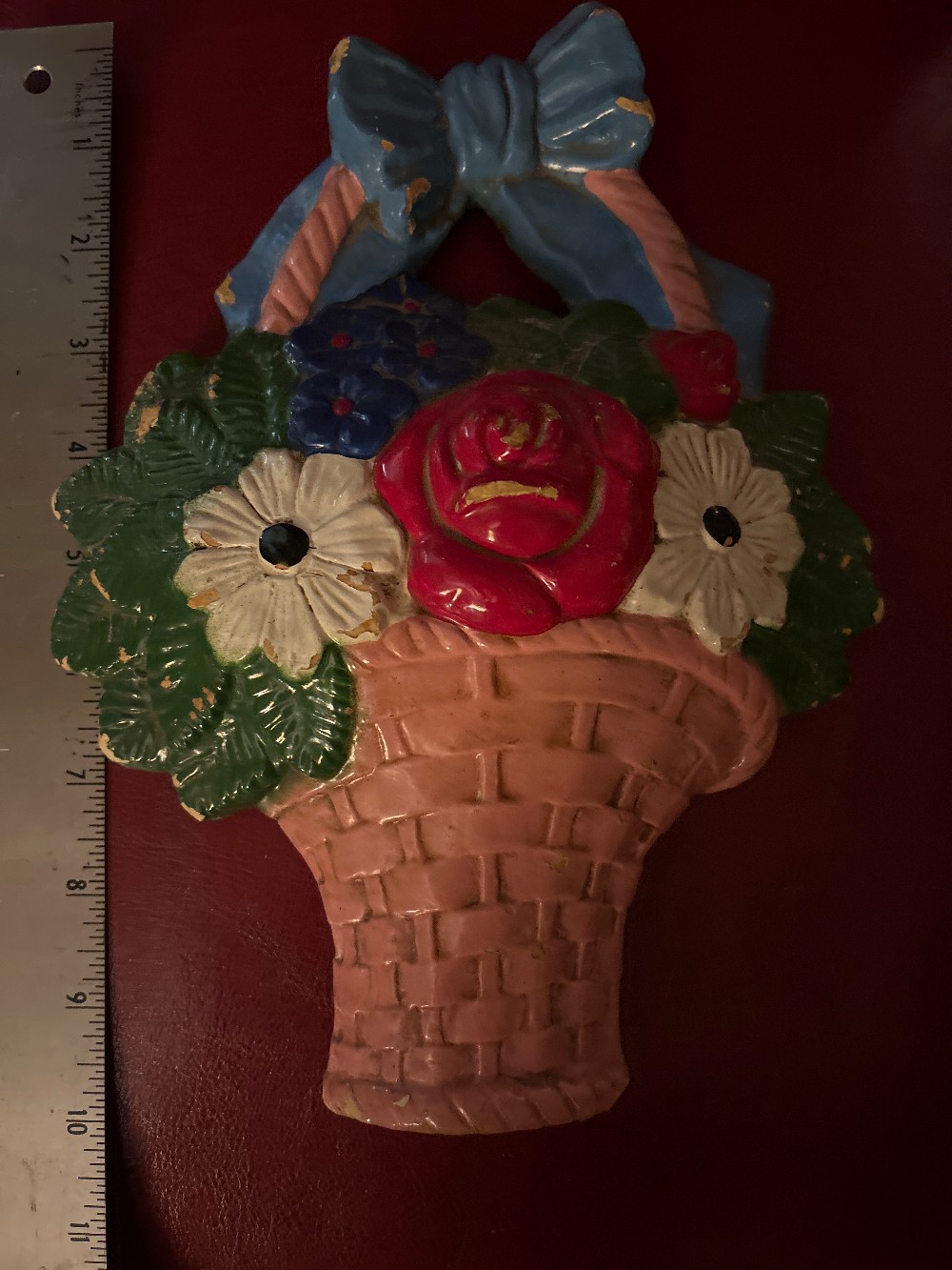 1930s 8 x 10” Flower Basket Chalkware Wall Decor