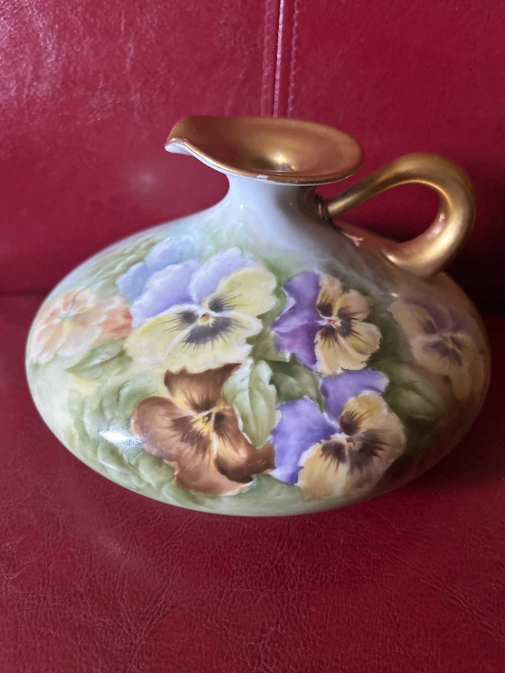 4” LIMOGES PANSY SQUAT EWER / VASE - SIGNED