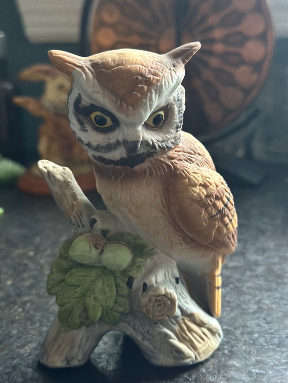 Vintage Enesco Owl Figurine from the late 1970s, depicting a perched owl