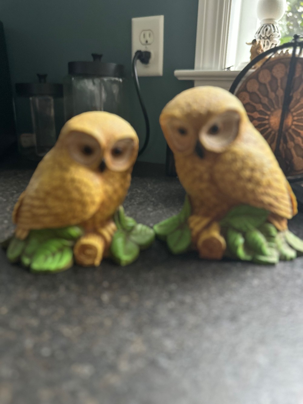 Vintage, Resin Owl Figurines Sitting on Branches with Leaves by Homco
