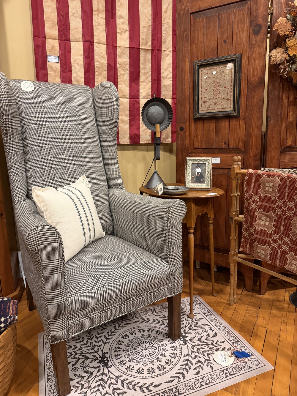 Ethan Allen Plaid Black & White Wing Chair, FIRM