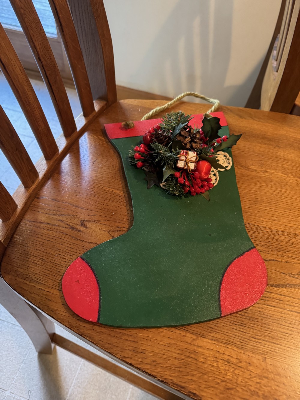 Painted Wood Christmas Stocking Decor.