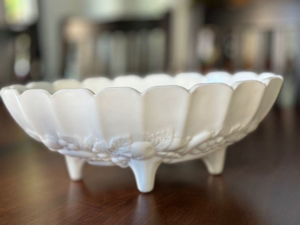 Vintage Indiana Glass White Milk Glass Footed Oval Fruit Bowl, featuring their signature molded 