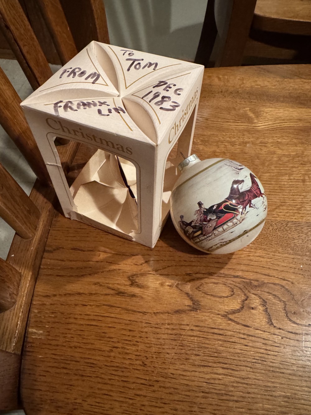 Vintage 1983 Christmas Ornament. Horse and Sleigh design