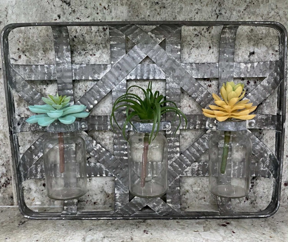 Industrial woven mtl tobacco bskt w/3 glass jars/vases