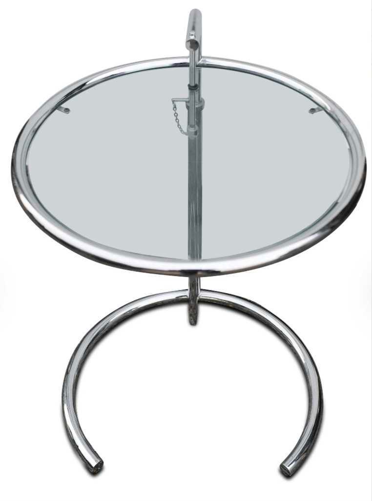 Designer side table in glass and chrome, Eileen Gray style
