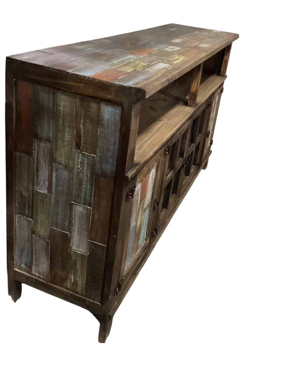 Rustic wood TV stand with multicolored door