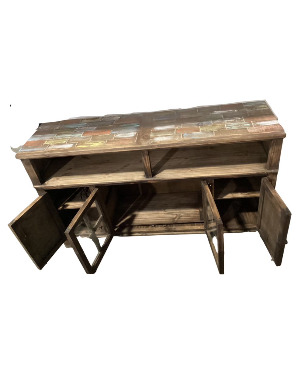 Rustic wood TV stand with multicolored door