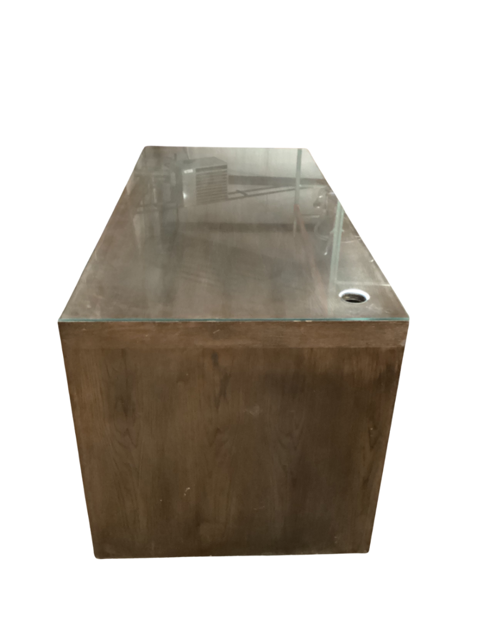 Desk with wooden base and glass top.