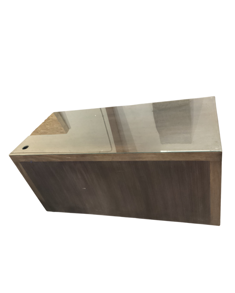 Desk with wooden base and glass top.