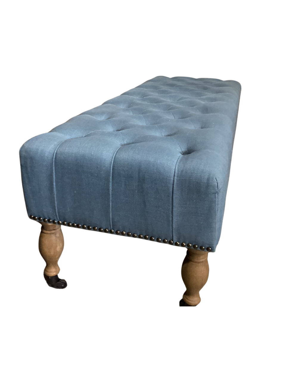 Isabelle tufted bench by Linon Copper Grove with light blue linen upholstery.