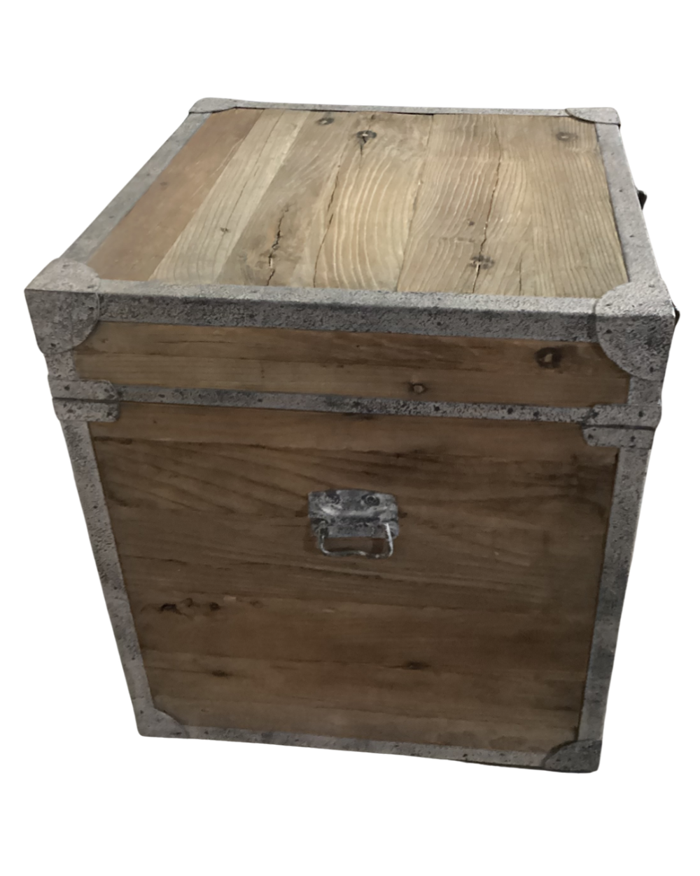 Decorative storage chest constructed with natural wood and galvanized metal hardware and corner reinforcements.