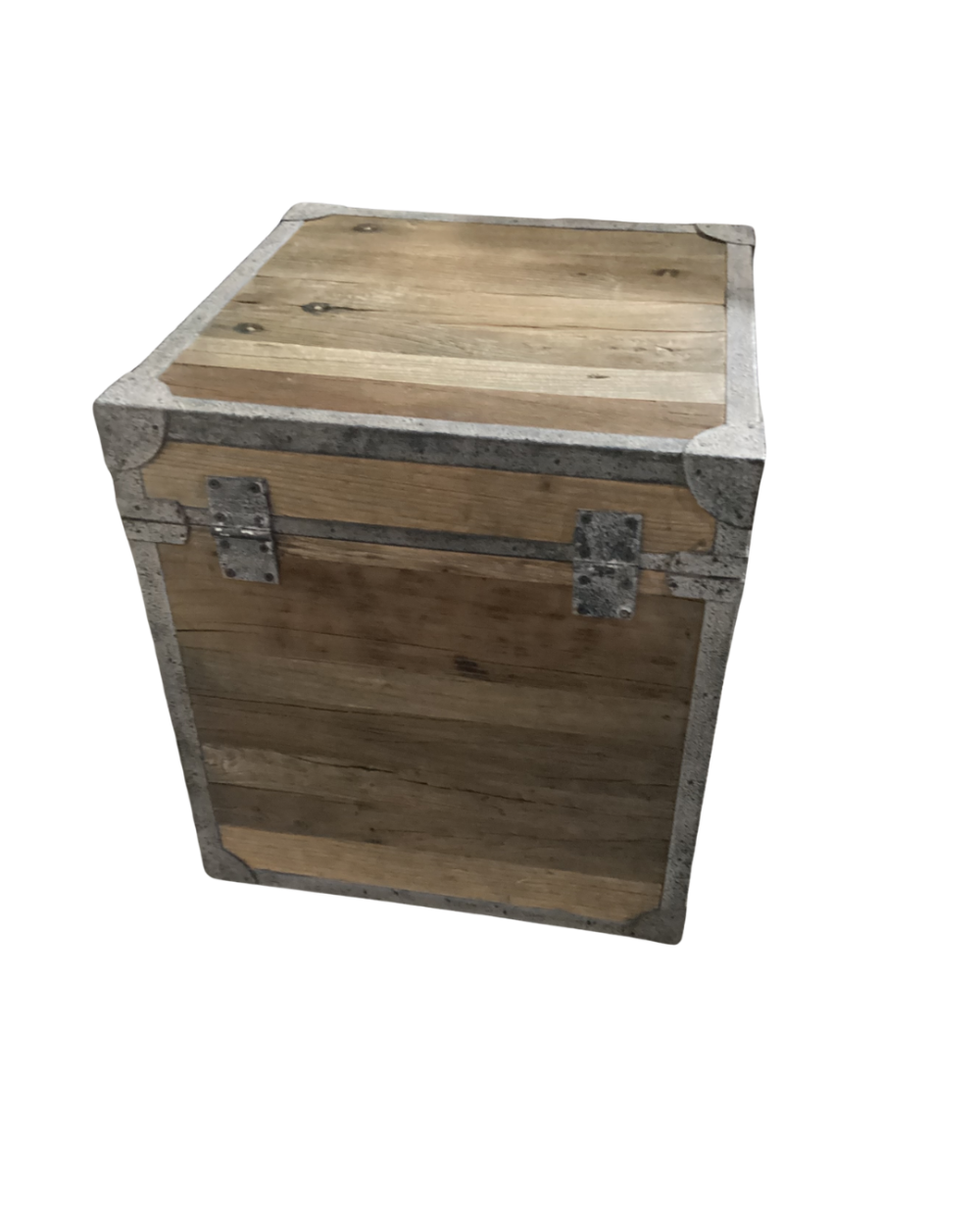 Decorative storage chest constructed with natural wood and galvanized metal hardware and corner reinforcements.