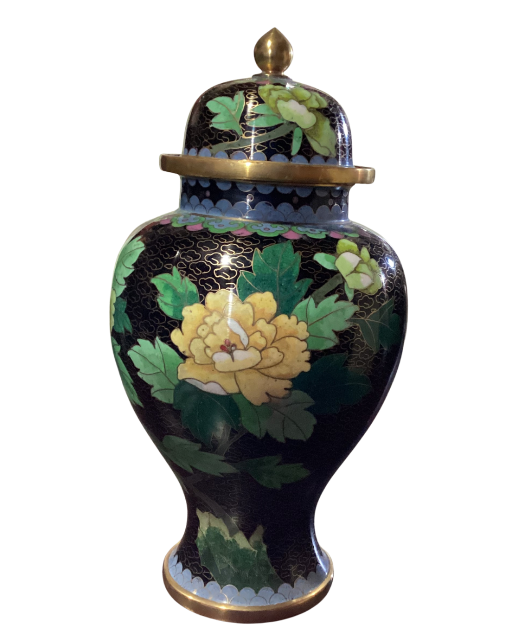 Vintage Chinese Cloisonne Brass & Enamel Black Floral Ginger Jar Urns