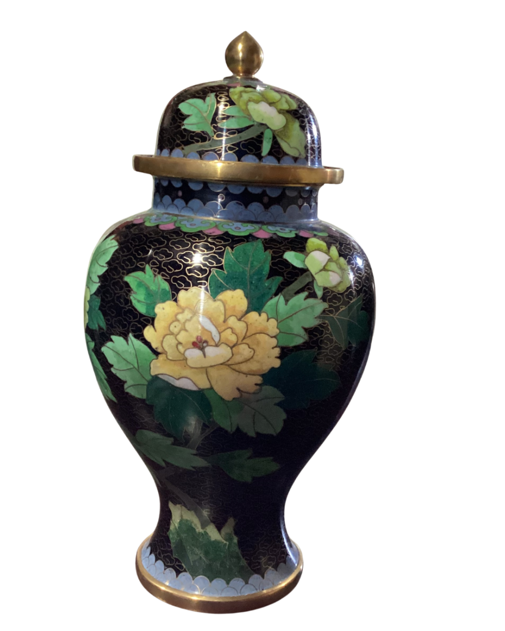 Vintage Chinese Cloisonne Brass & Enamel Black Floral Ginger Jar Urns