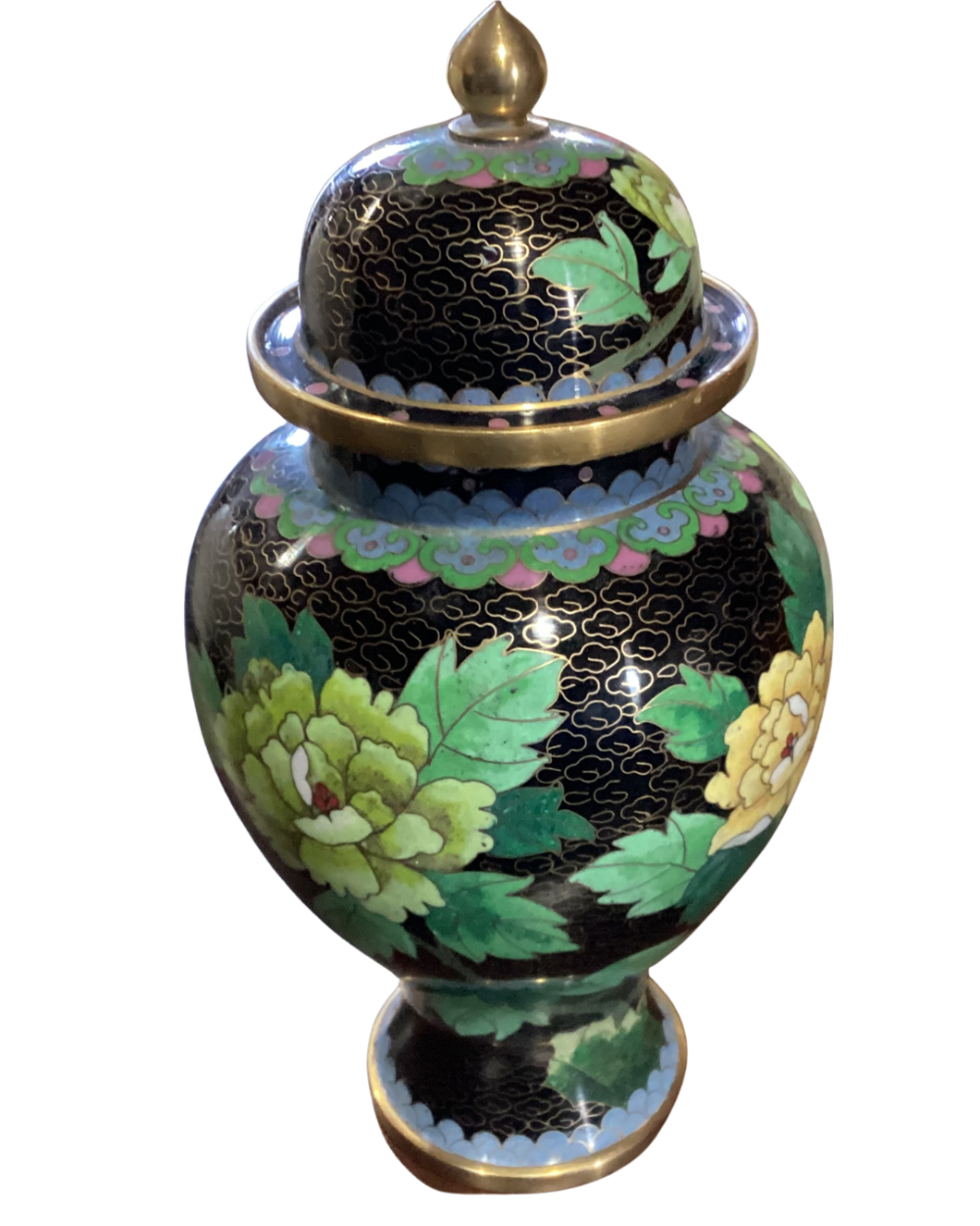 Vintage Chinese Cloisonne Brass & Enamel Black Floral Ginger Jar Urns
