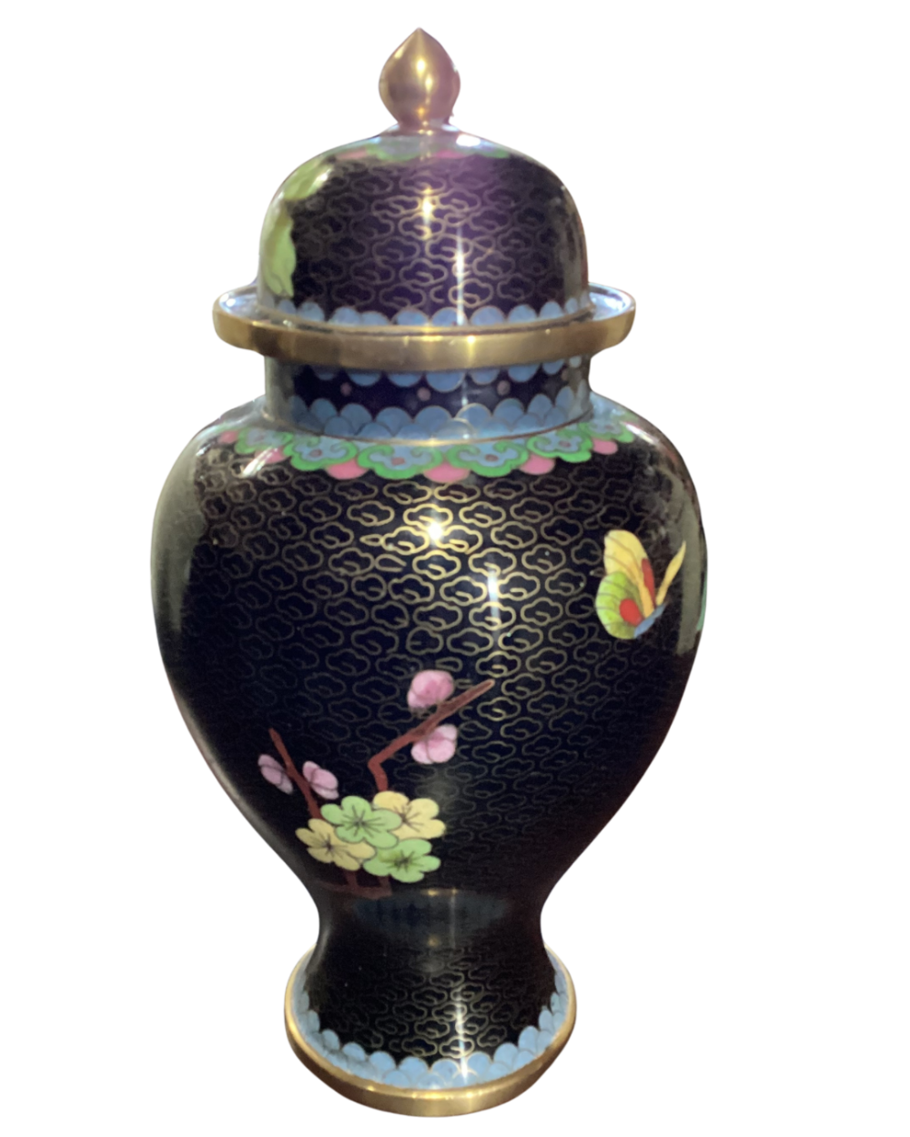 Vintage Chinese Cloisonne Brass & Enamel Black Floral Ginger Jar Urns