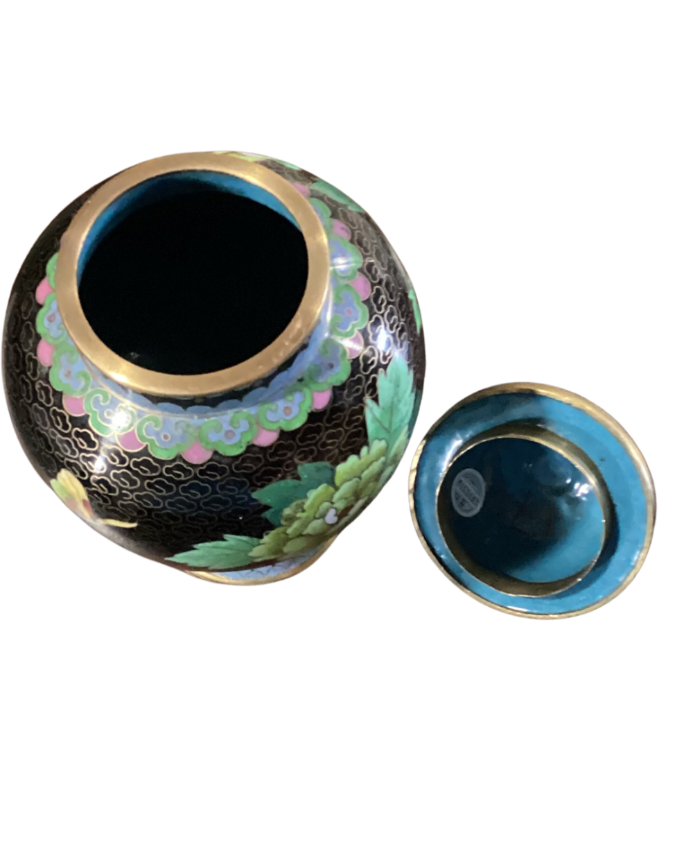 Vintage Chinese Cloisonne Brass & Enamel Black Floral Ginger Jar Urns
