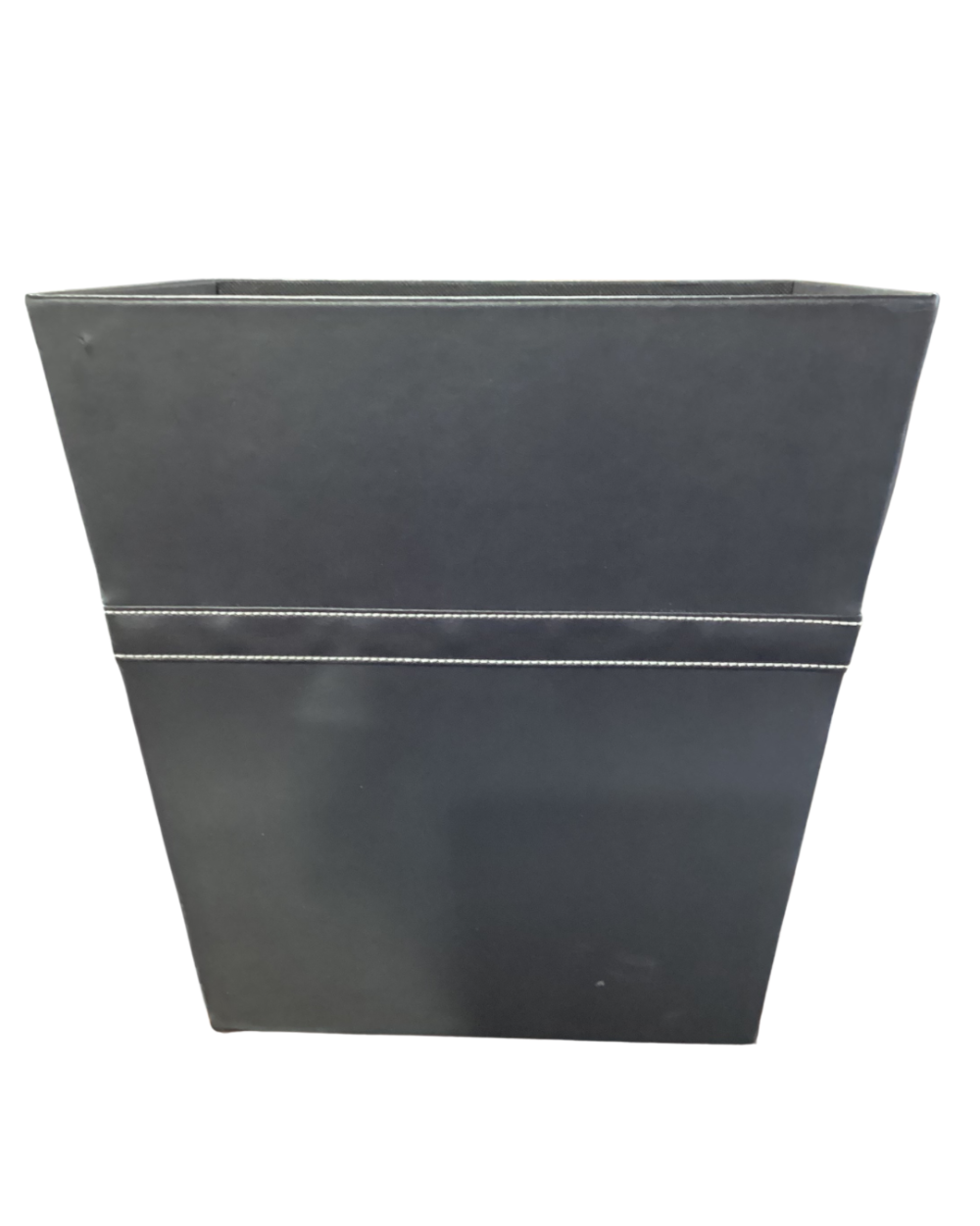 Black faux leather storage bin with white stitching details