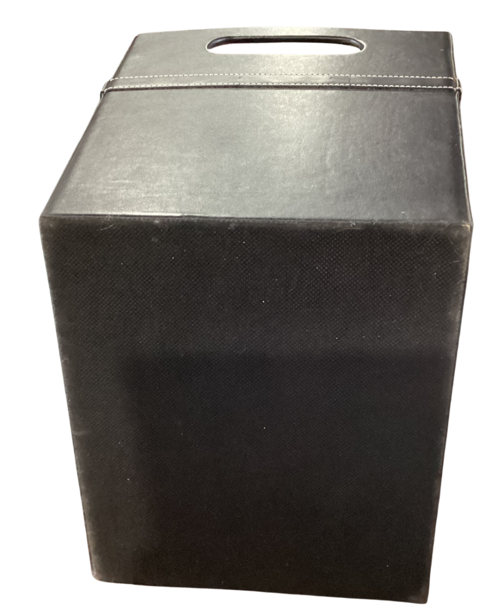 Black faux leather storage bin with white stitching details
