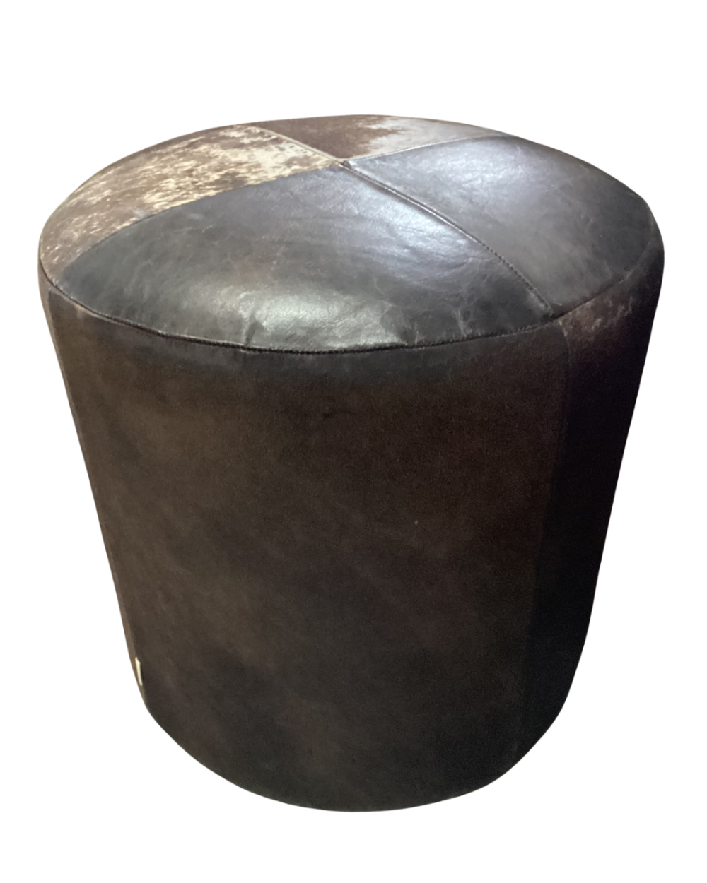 Brown patchwork hide round pouf
