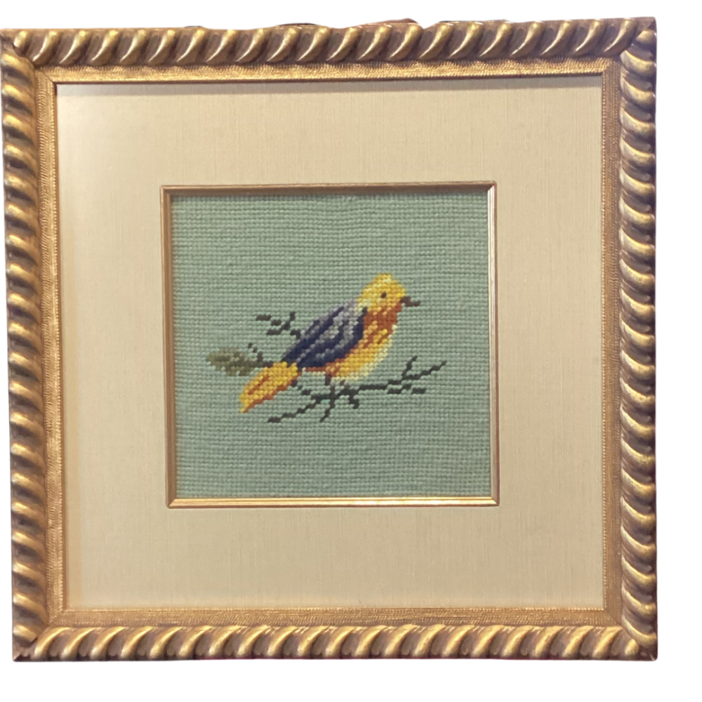 Framed art features a vintage- style needlepoint of a bridge 
