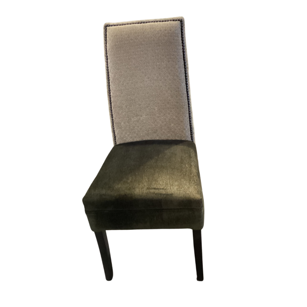 Chair with a unique double-weave design, featuring a textured beige backrest and an olive-green seat.