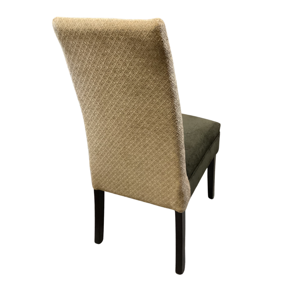Chair with a unique double-weave design, featuring a textured beige backrest and an olive-green seat.
