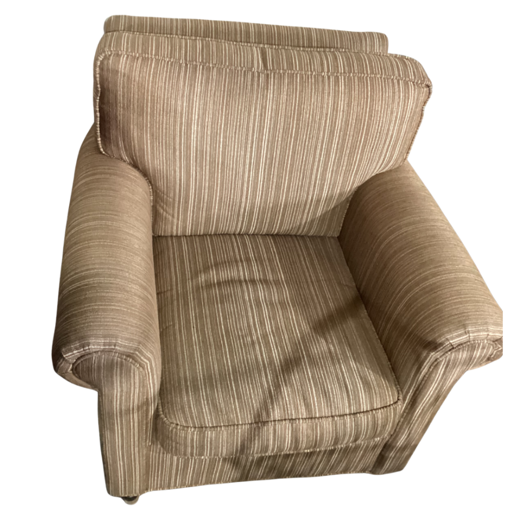 Transitional-style accent chair featuring a striped pattern in neutral tones, such as beige