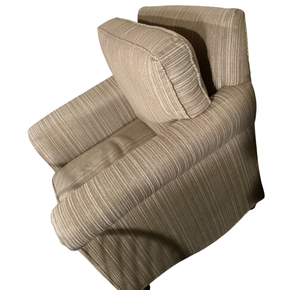 Transitional-style accent chair featuring a striped pattern in neutral tones, such as beige