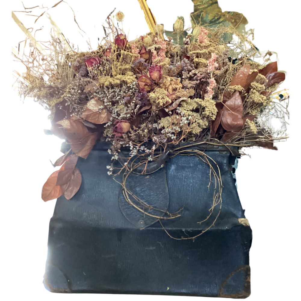 Antique Leather Doctor's Bag with Dried Floral Arrangement