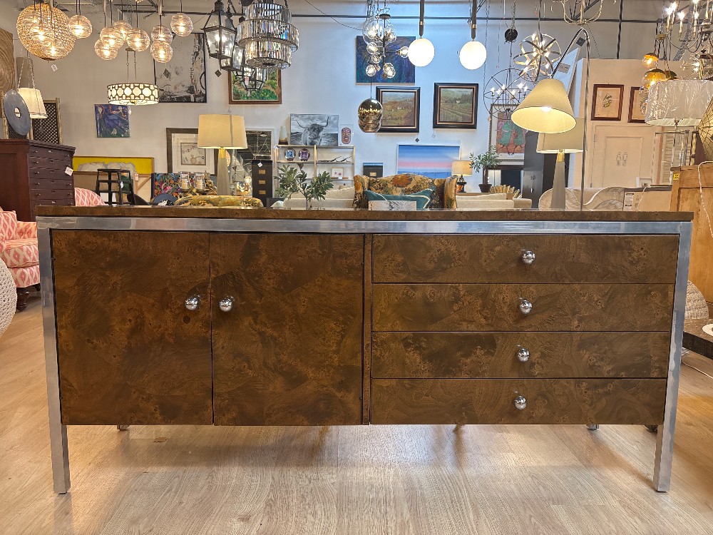Tomlinson Mid-Century Burled Wood Chrome Sideboard