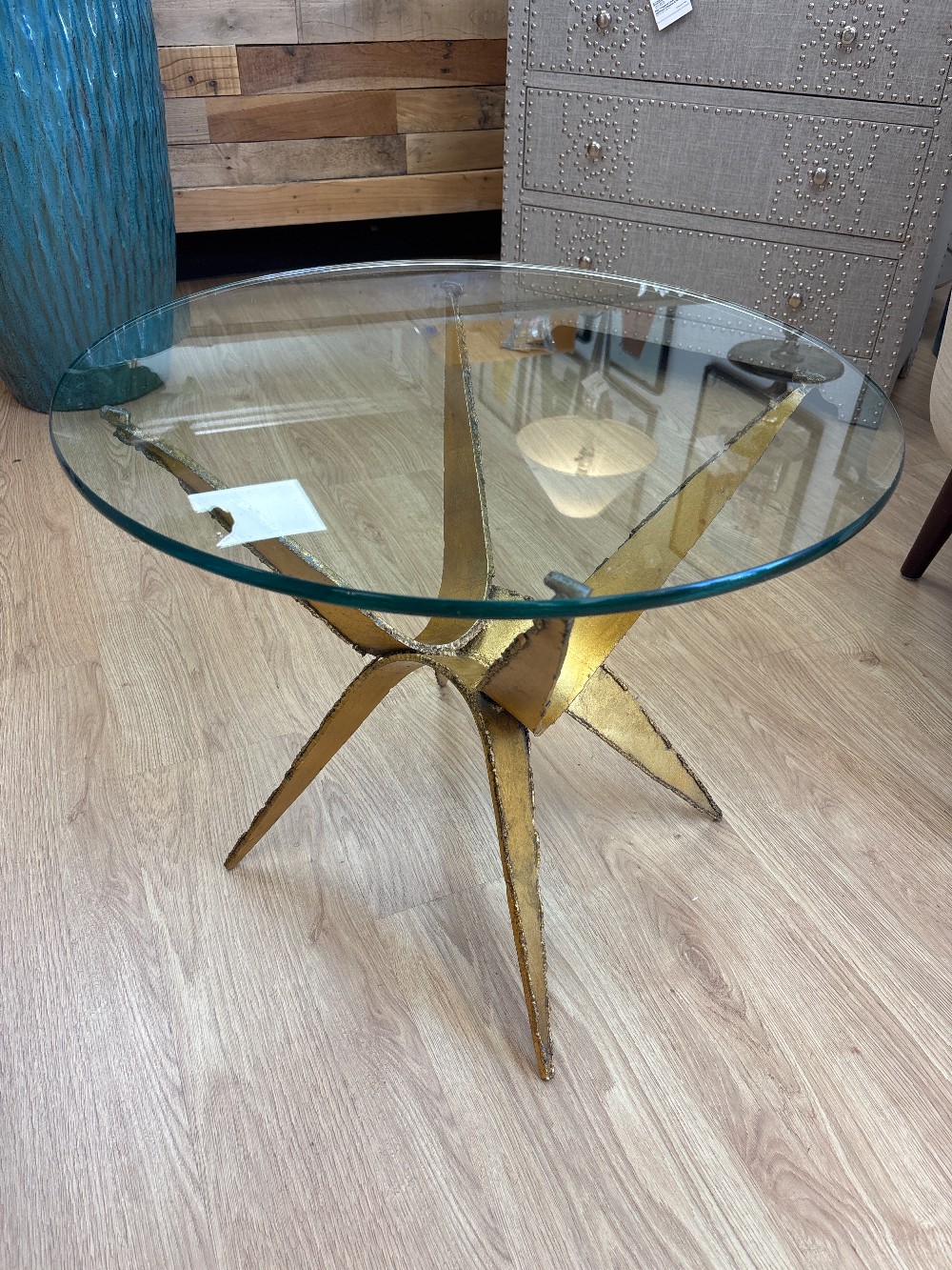 Vintage Silas Seandel Style Gilt Brutalist Glass Top Table