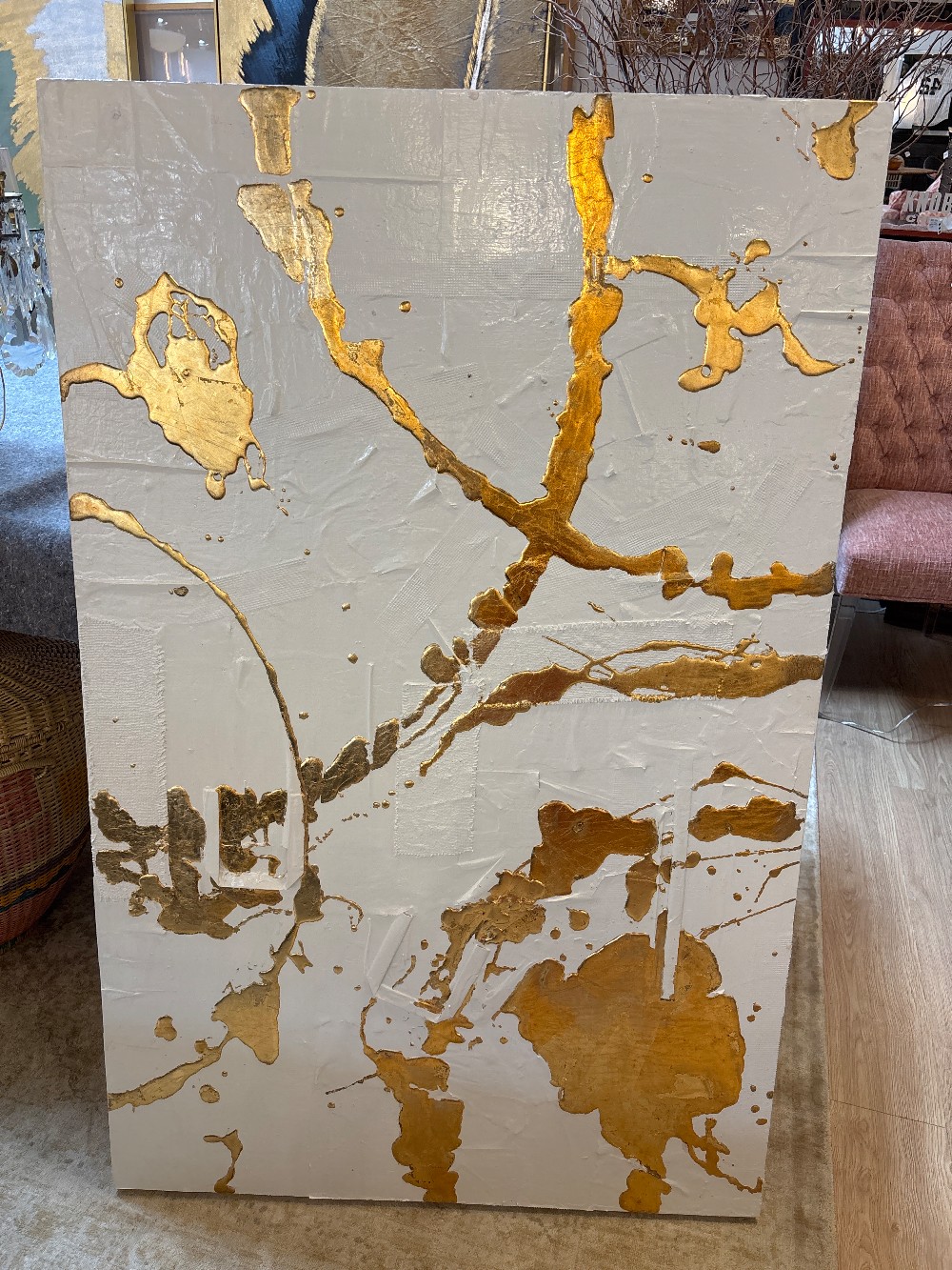 White & Gold Mixed Media Paintings by Jamie Meeks, Pair