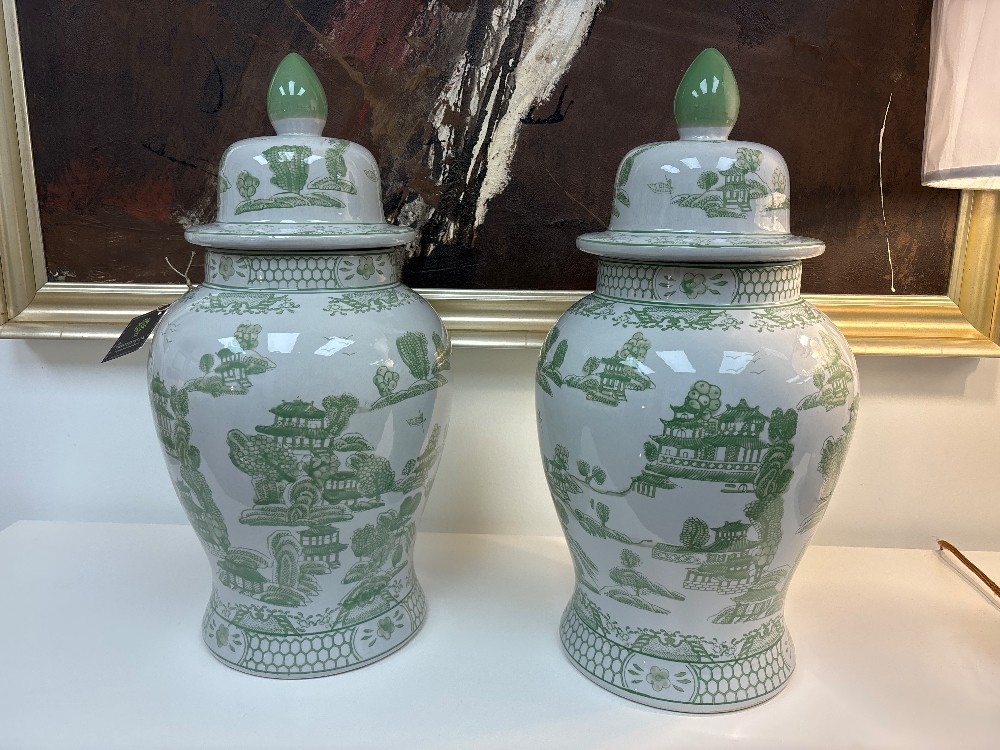 Green & White Chinoiserie Ceramic Ginger Jars, Pair