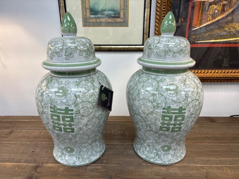 Green & White Ceramic Ginger Jars, Pair