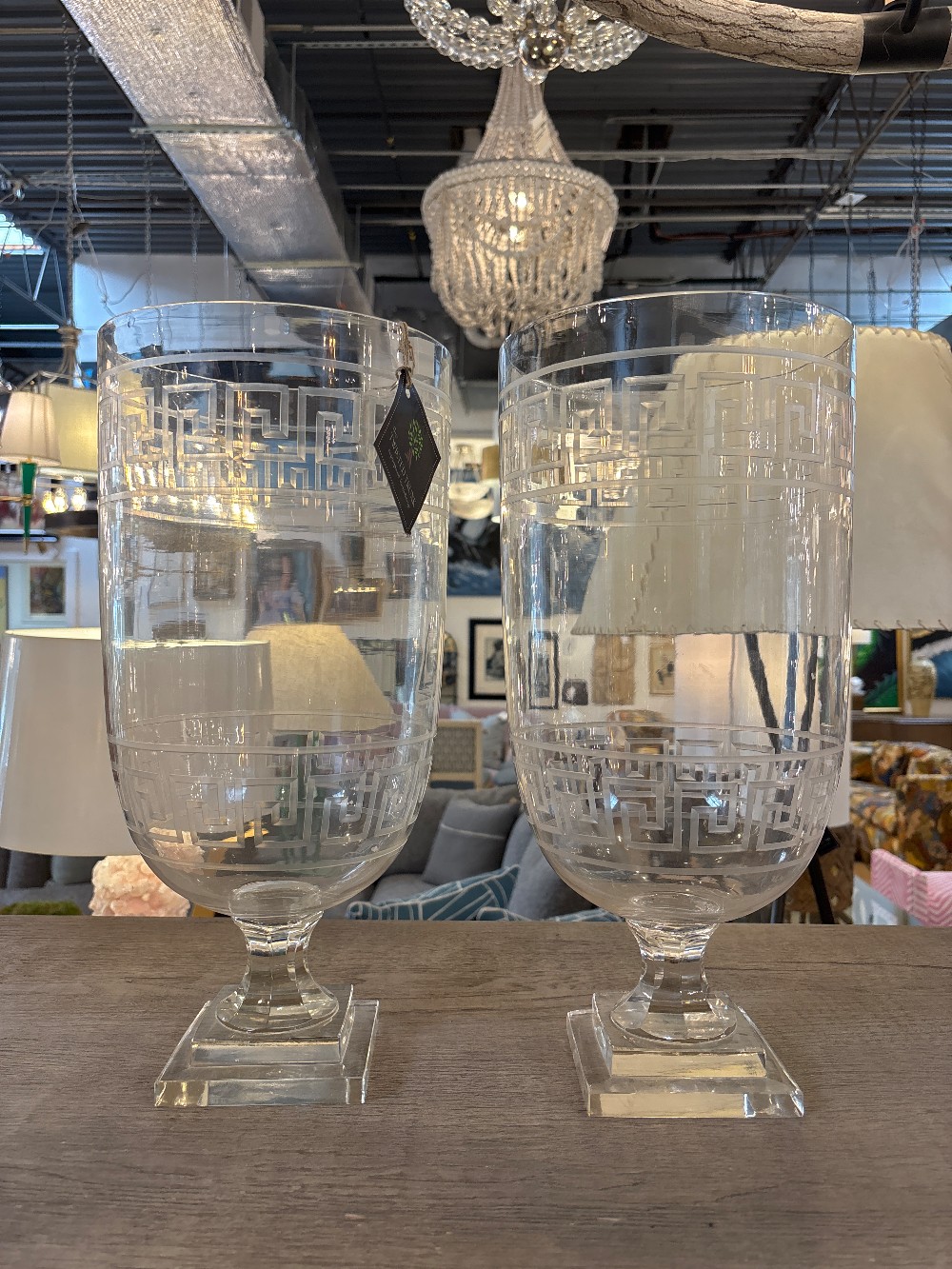 Etched Greek Key Hand Blown Glass Hurricanes, Pair