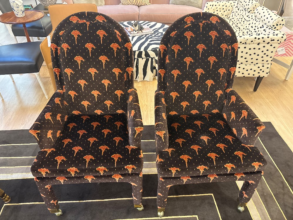 Henredon Printed Fabric Upholstered Caster Chairs, Pair