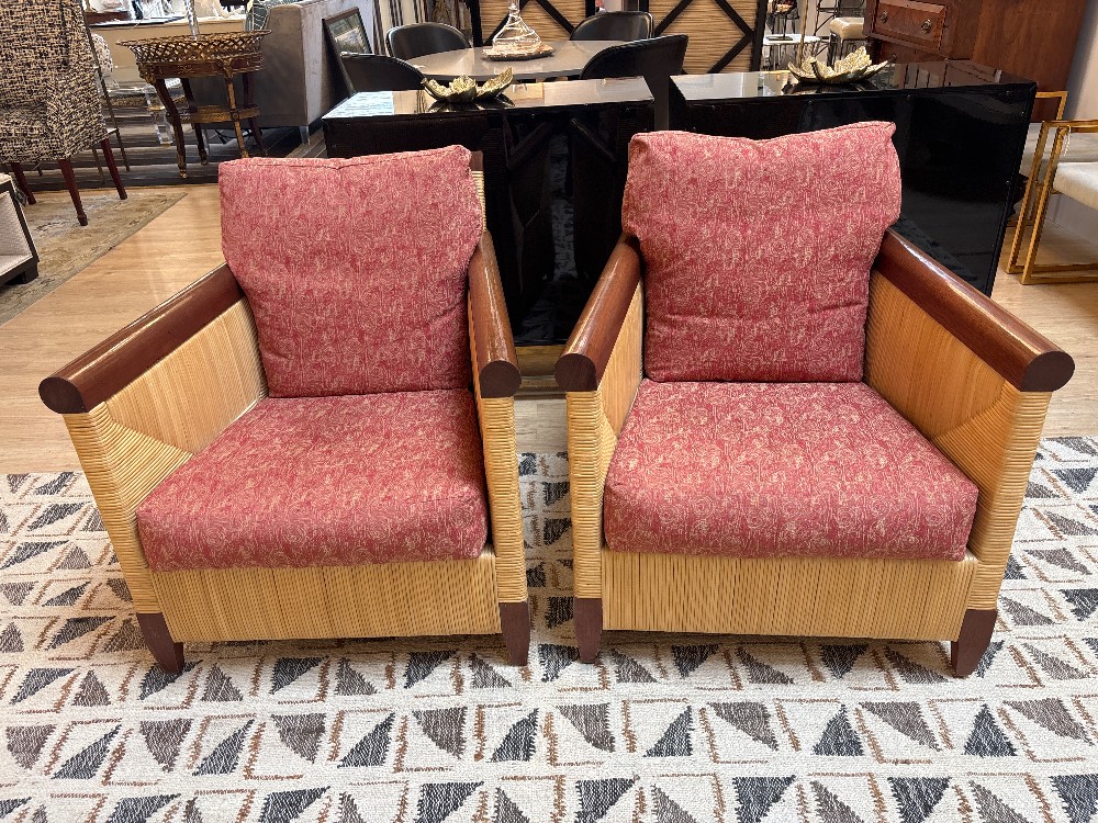 Donghia Merbau Rattan Club Chairs by John Hutton, Pair