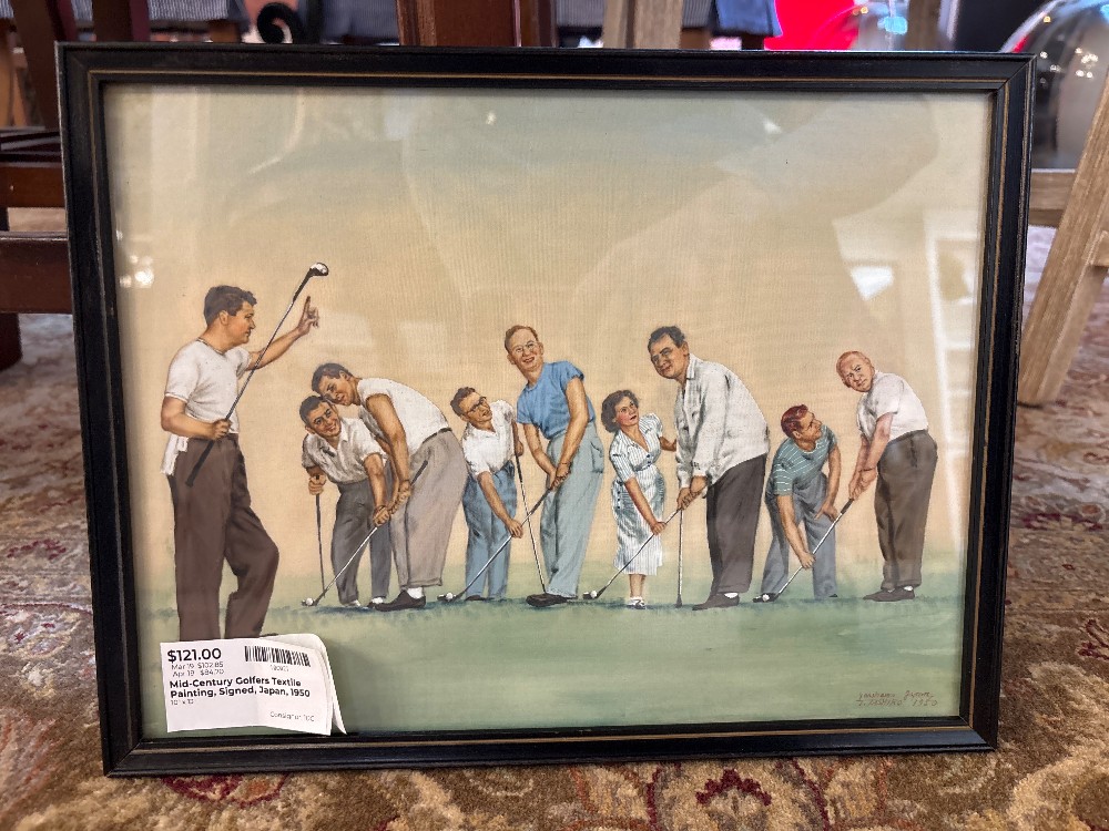 Mid-Century Golfers Textile Painting, Signed, Japan, 1950