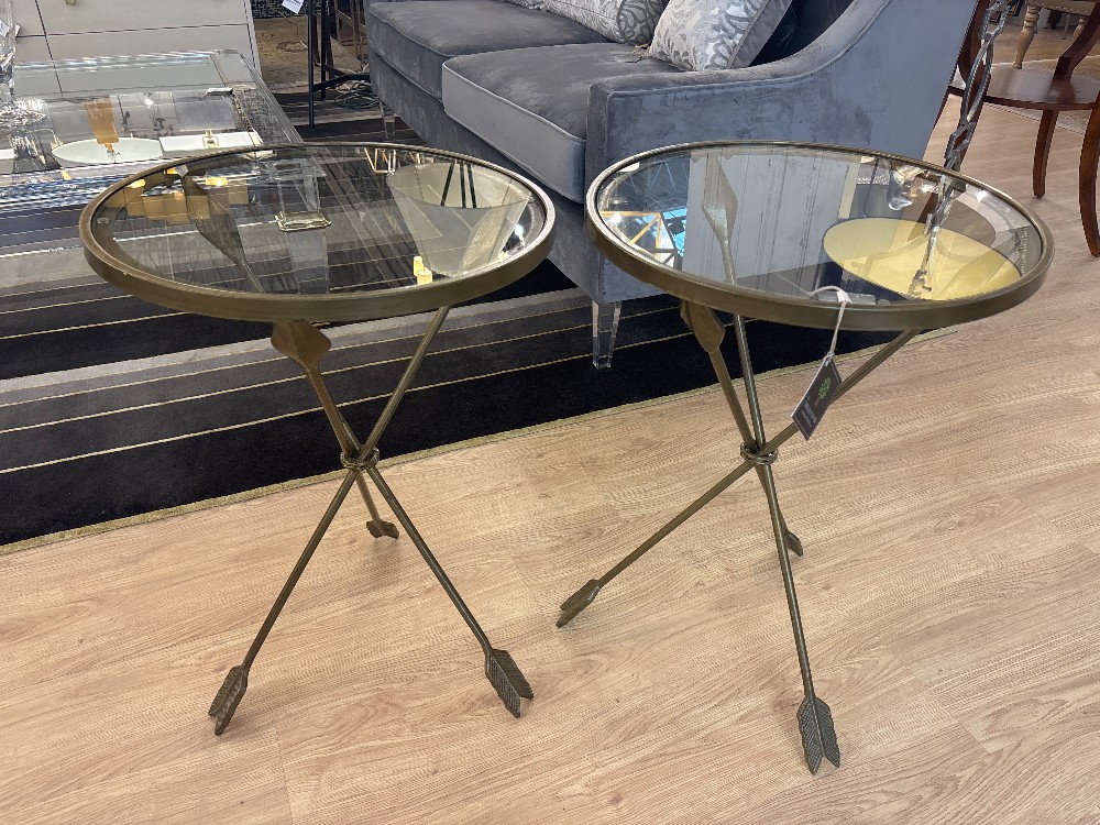 Brass Arrow Glass Top Side Tables, Pair