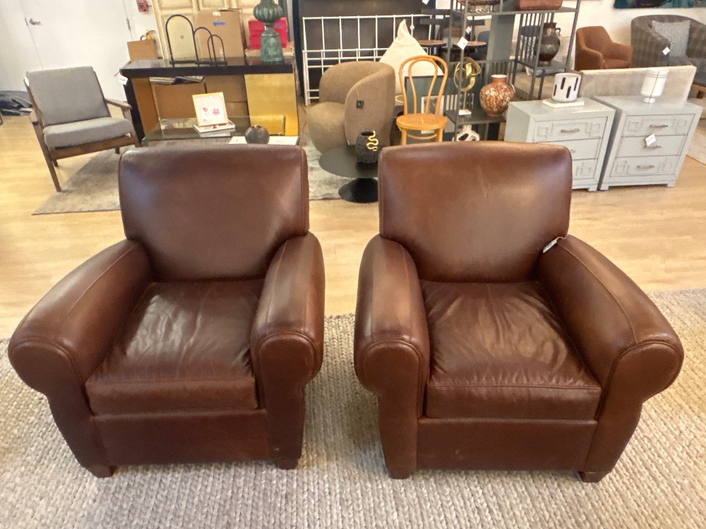 Pottery Barn Manhattan Roll Arm Leather Chairs, Pair