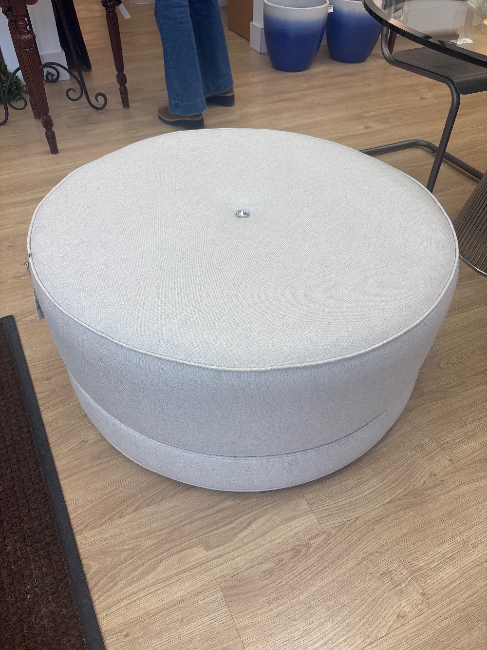 Linen Upholstered Round Ottoman with Crystal Button