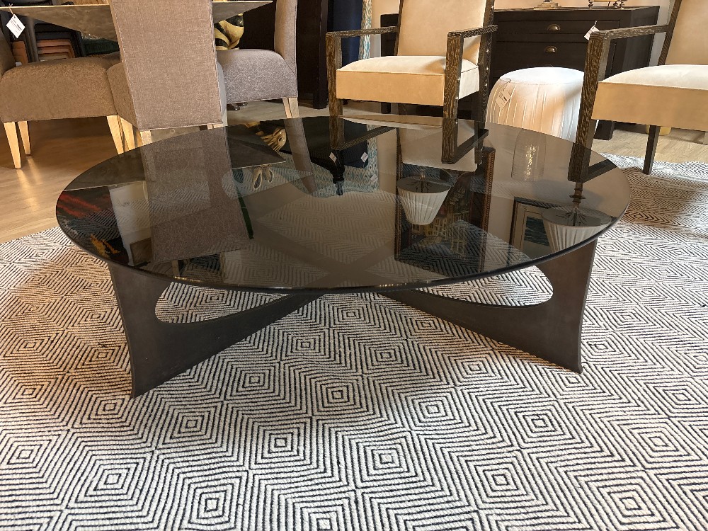 Modern Round Smoked Glass Iron Base Coffee Table