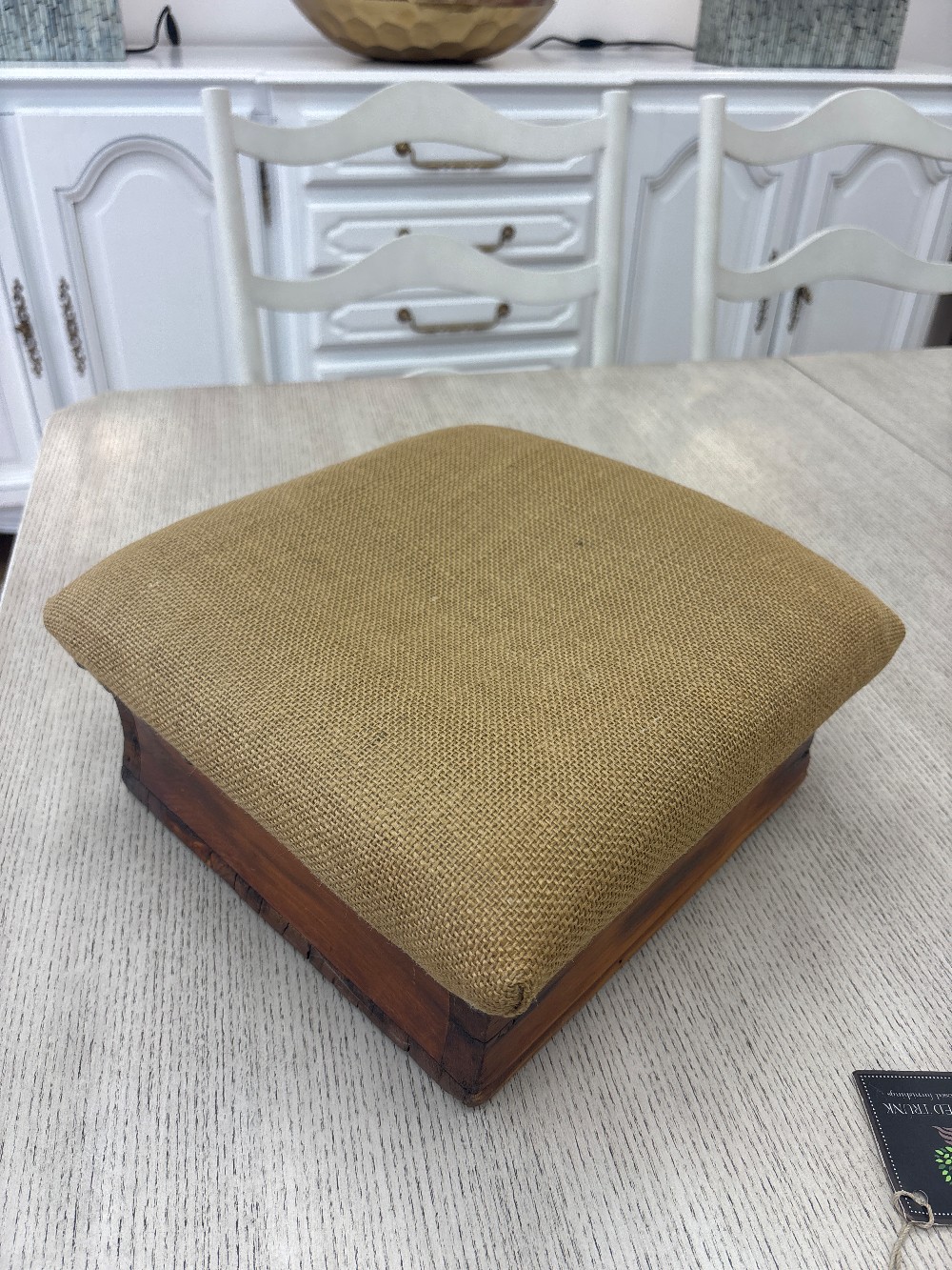 Antique Burlap Top Wood Foot Stool