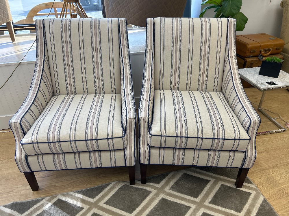 Upholstered Ticking Stripe Accent Chairs, Pair