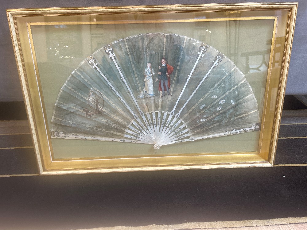 Antique Colonial Silk Hand Fan, Shadow Box Frame, Paris